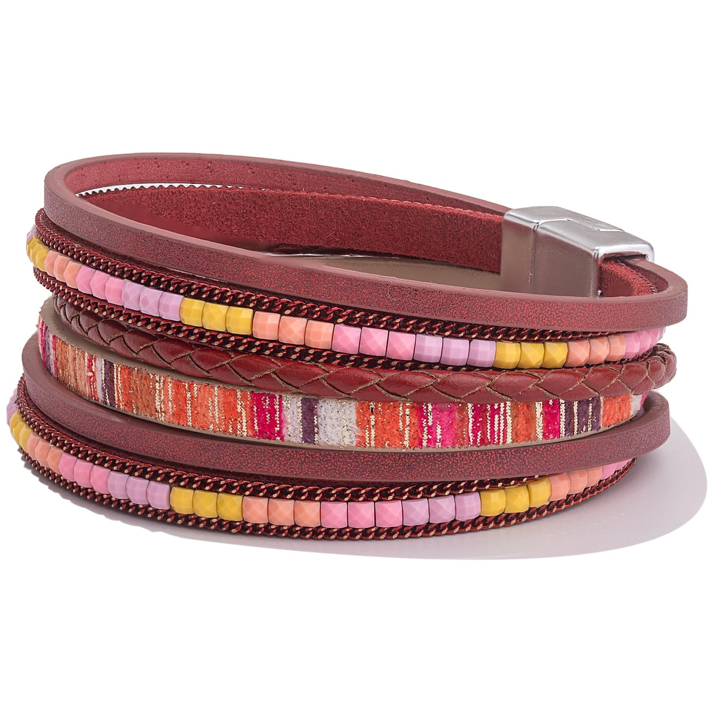 FANCY SHINY Boho Leather Wrap Bracelets Trendy Layered Bracelets with Magnetic Clasp Strackable Bohemian Cuff Jewelry Gifts for Women(Burgundy)