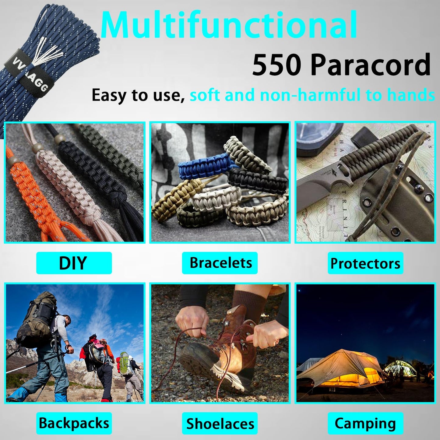 VVAAGG Reflective Paracord Rope 200FT, 7 Strand Nylon para Cord Lanyard Utility 550 Parachute Cord, 4mm Thin Tent Rope for Outdoor Camping Hiking (DKBlue 200FT)