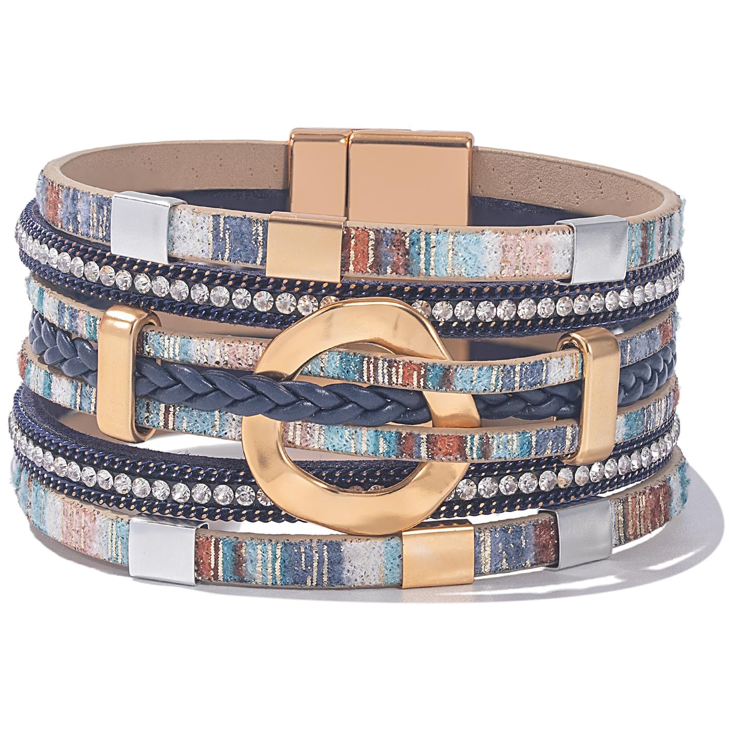 FANCY SHINY Boho Leather Wrap Bracelets Circle Square Bead Braided Handmade Stackable Bracelet Trendy Cuff Bangle for Women(Boho Blue)