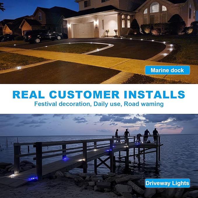 VOLISUN Solar Driveway Lights Dock Marine Lights 16 Pack,2 Colors in 1,Outdoor LED Deck Light,Solar Powered Waterproof Warning Step Light for Driveway Sidewalk Pathway (Blue/White),Saltwater Resistant