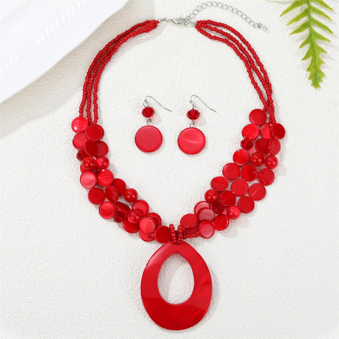Aenu Multi-Strand Beaded Necklace with Teardrop Pendant Colorful Beads Statement Jewelry Set for Women (Red)