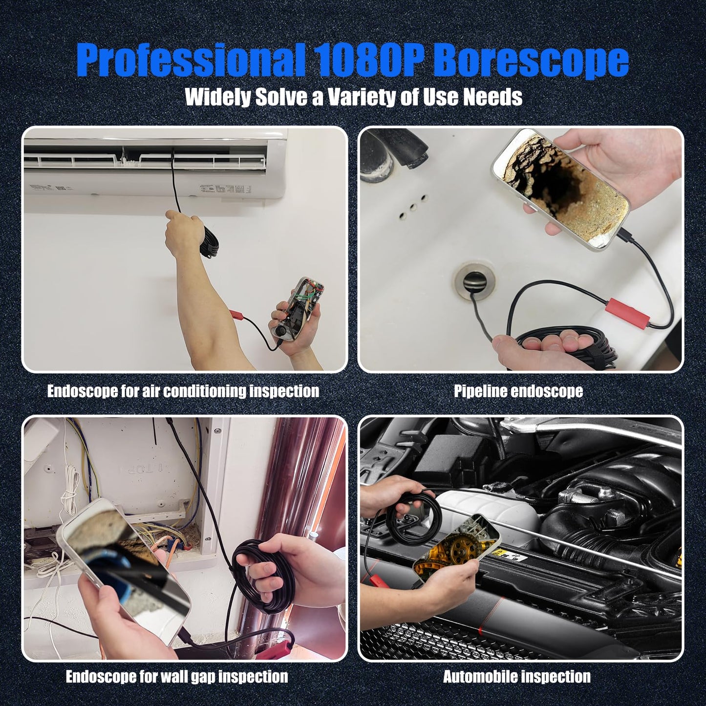 Endoscope Camera with Light, 1920P HD Borescope Camera with Light,Semi-Rigid Inspection Endoscope with 8 Adjustable LED, IP68 Waterproof Drain Scope Camera for for iOS/Android,16.4ft