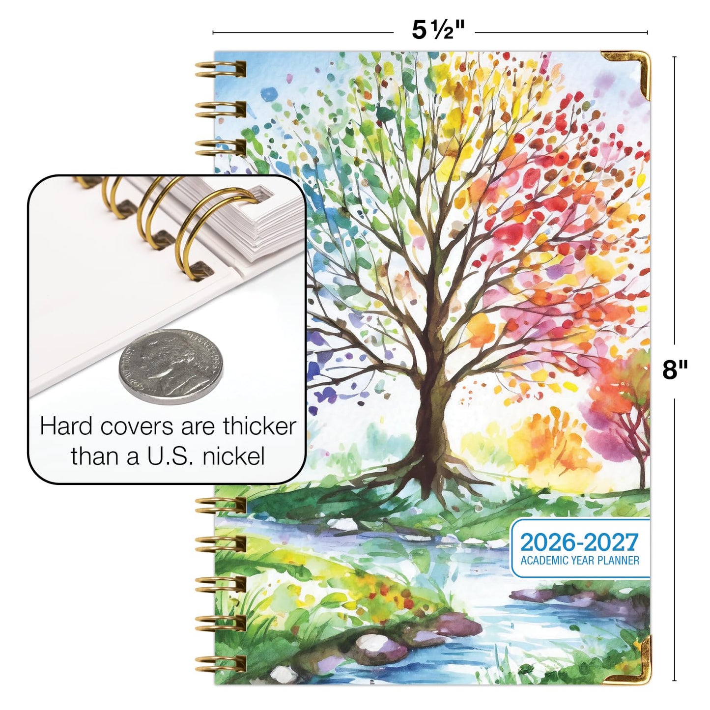 HARDCOVER Academic Year 2026-2027 Planner: 14 Months (May 2026 Through June 2027) 5.5"x 8" Daily Weekly Monthly Planner Yearly Agenda. Bookmark, Pocket Folder and Sticky Note Set (Tree Seasons)