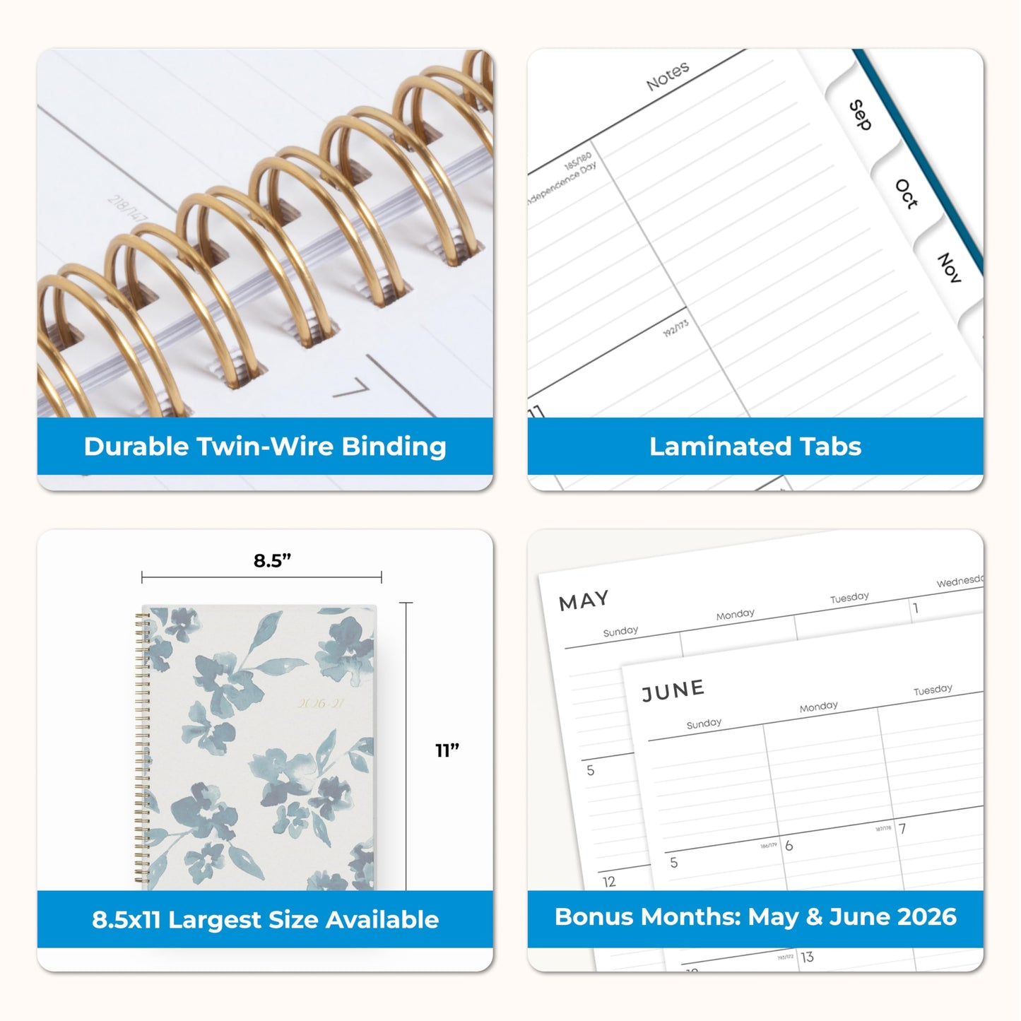 Blue Sky 2026-2027 Weekly and Monthly Academic Year Planner Calendar, July 2026 - June 2027, 8.5" x 11", Flexible Cover, Wirebound, Storage Pocket, Bakah Blue