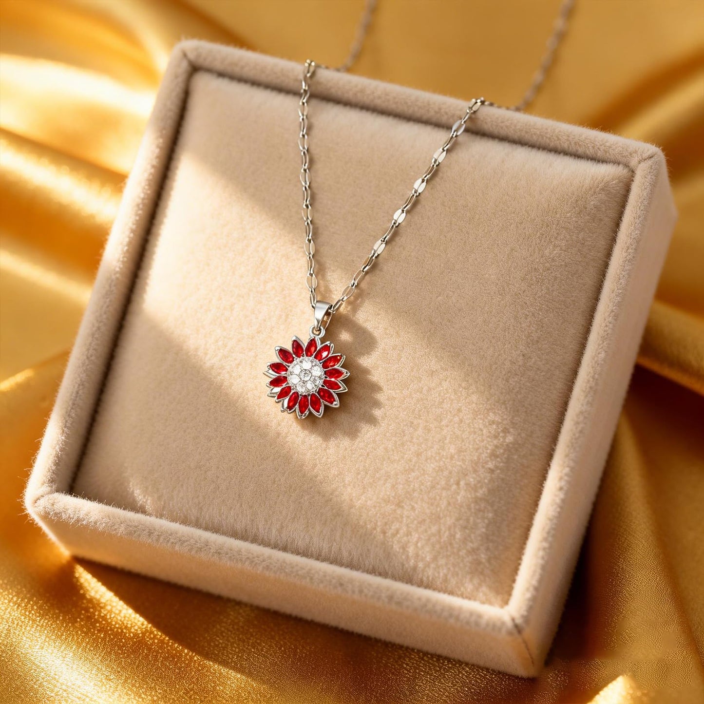 KONPJE Sunflower Fidget Necklace for Women Gold Moon Necklace Rotating Heart Necklaces Spinning Crystal Sunflower Anxiety Necklaces Crescent Moons Jewelry Accessories (Silver Red)