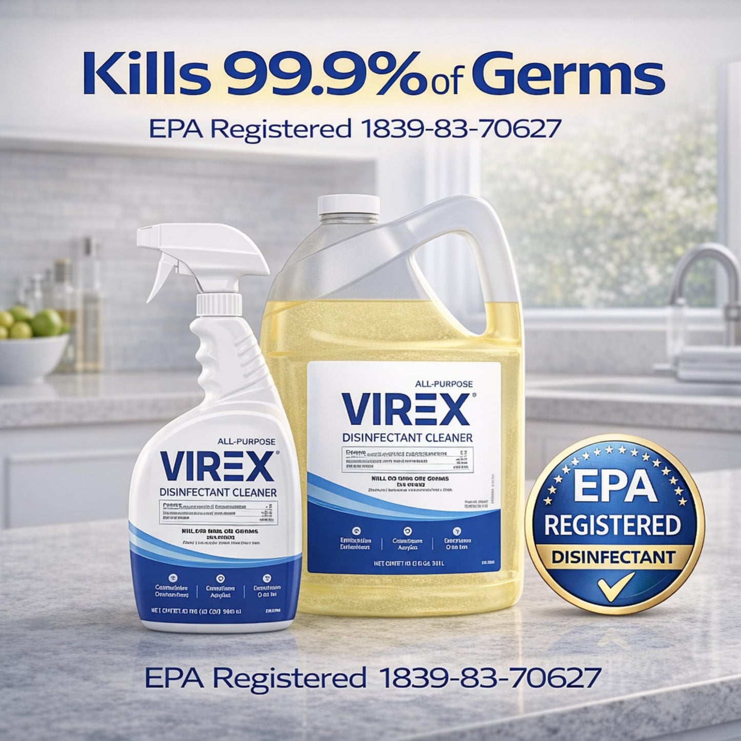 VIREX Diversey CBD540557 All Purpose Disinfectant Cleaner, Multi Surface Cleaning for Home and Commercial Use, Ready to Use Formula in Refill Size, Lemon Scent, 1 Gallon