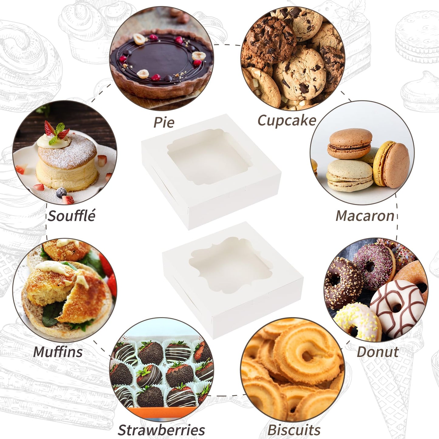 TOMNK 60pcs Cookie Boxes, 8x8x2.5 Inches Bakery Boxes with 2 Style Windows for Chocolate Strawberries, Pie, Pastry, Dessert, Cake, Birthday Party, Mother's Day, Weddings