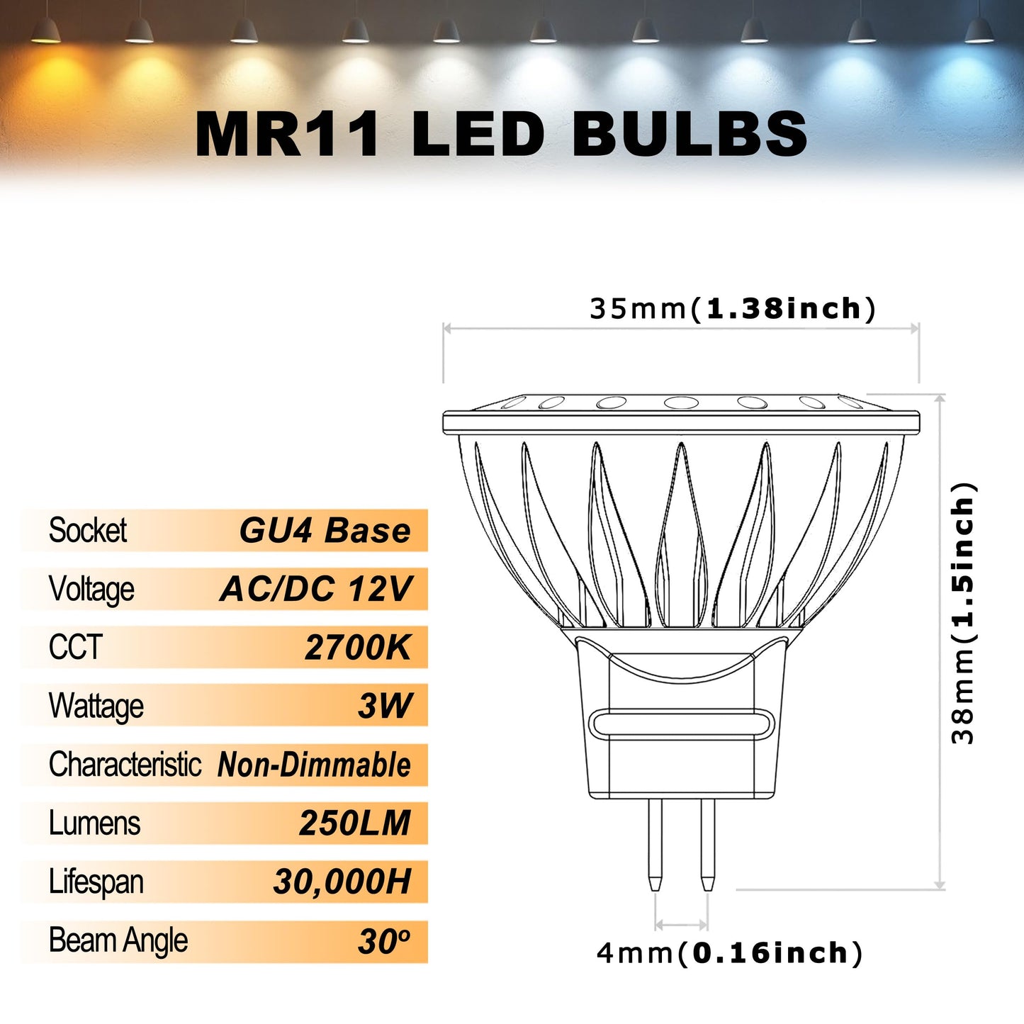 ALIDE 3W MR11 LED Light Bulbs, 12v 20w 35w Replacement, Low Voltage Fiber Optics Christmas Tree Outdoor Landscape Bulb, G4/GU4/GZ4 Bi-Pin Base, Soft Warm White 2700K, Non-Dimmable, 6Pack