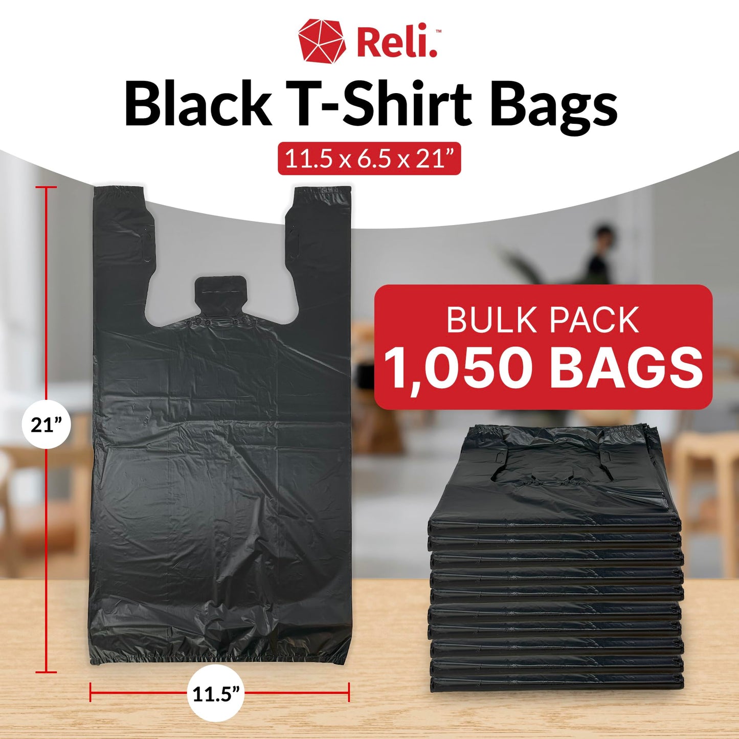 Reli. T-shirt Plastic Bags | 1,050 Pack | Black Plastic Bags with Handles (Plain) | Ideal for Grocery, Shopping, Food Take Out/To Go, Small Business