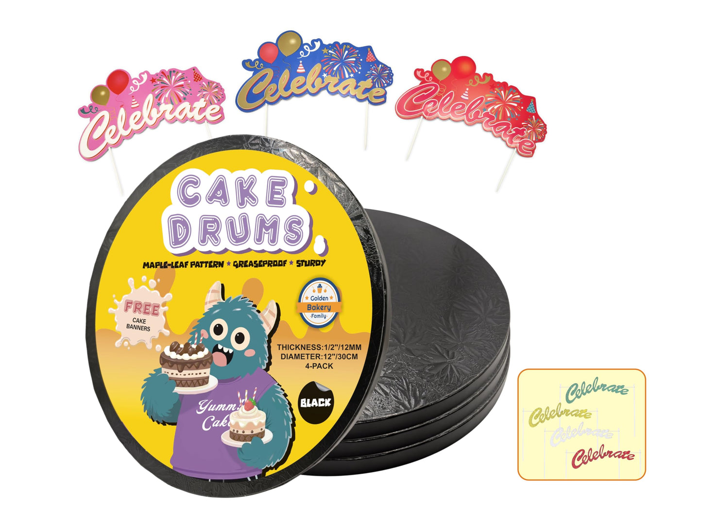 GoldenBakeryFamily 12 Inch Cake Drums,Black Cake Boards 12 Inch Round(4-Pack),1/2 Inch Thick Cake Boards with Banner Cake Topper,Sturdy,Greaseproof for Birthday Wedding Multi-Tiered Cake