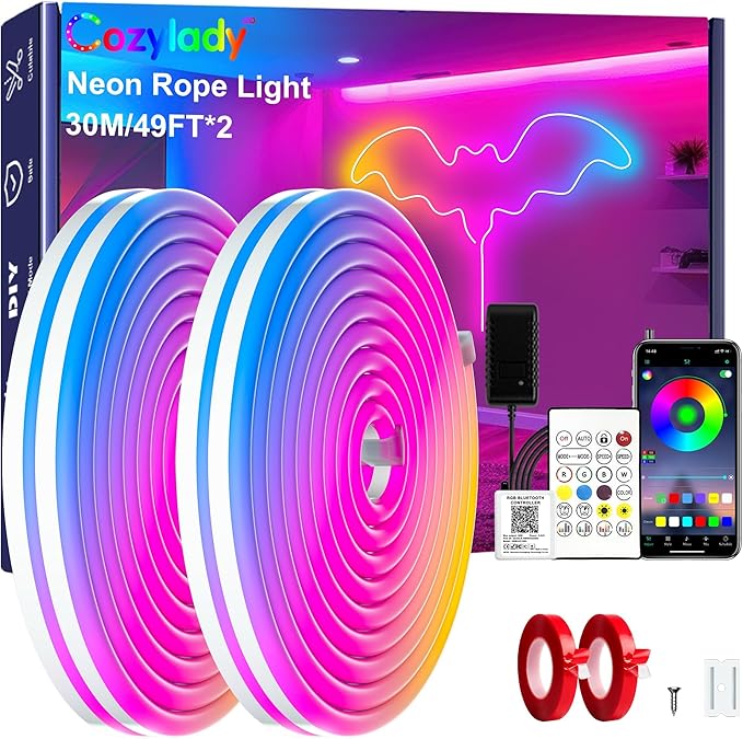 Cozylady 100Ft (50Ft * 2 Rolls) RGB LED Neon Rope Lights for Bedroom, 30m LED Strip Lamp with Double Sided Adhesive Tape, App/Remote Control DIY Lights Decorate The Outdoor and Indoor of Your Home