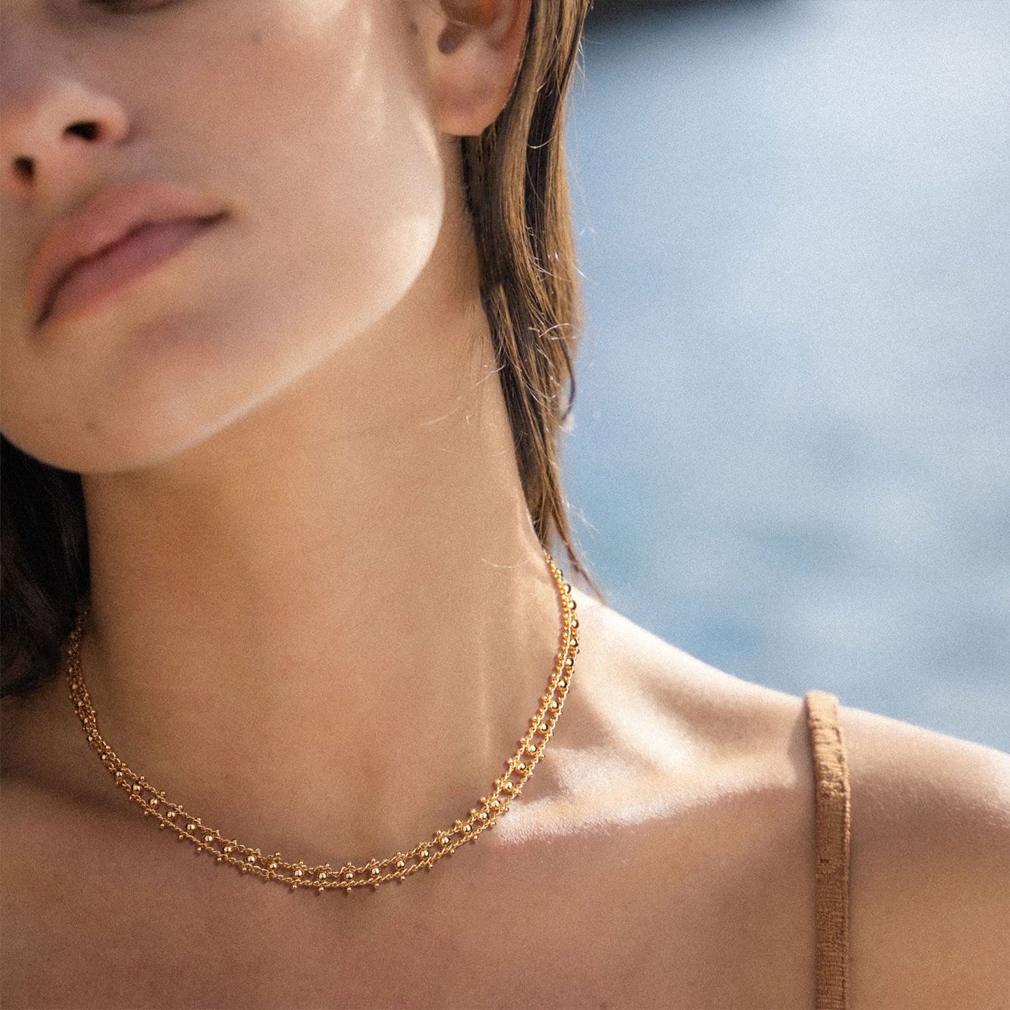 MTMY Beads Choker Necklace,14K Gold Plated Dainty Beaded Chain Choker Necklace Delicate Fashion Jewelry Gift for Women(braided beads)