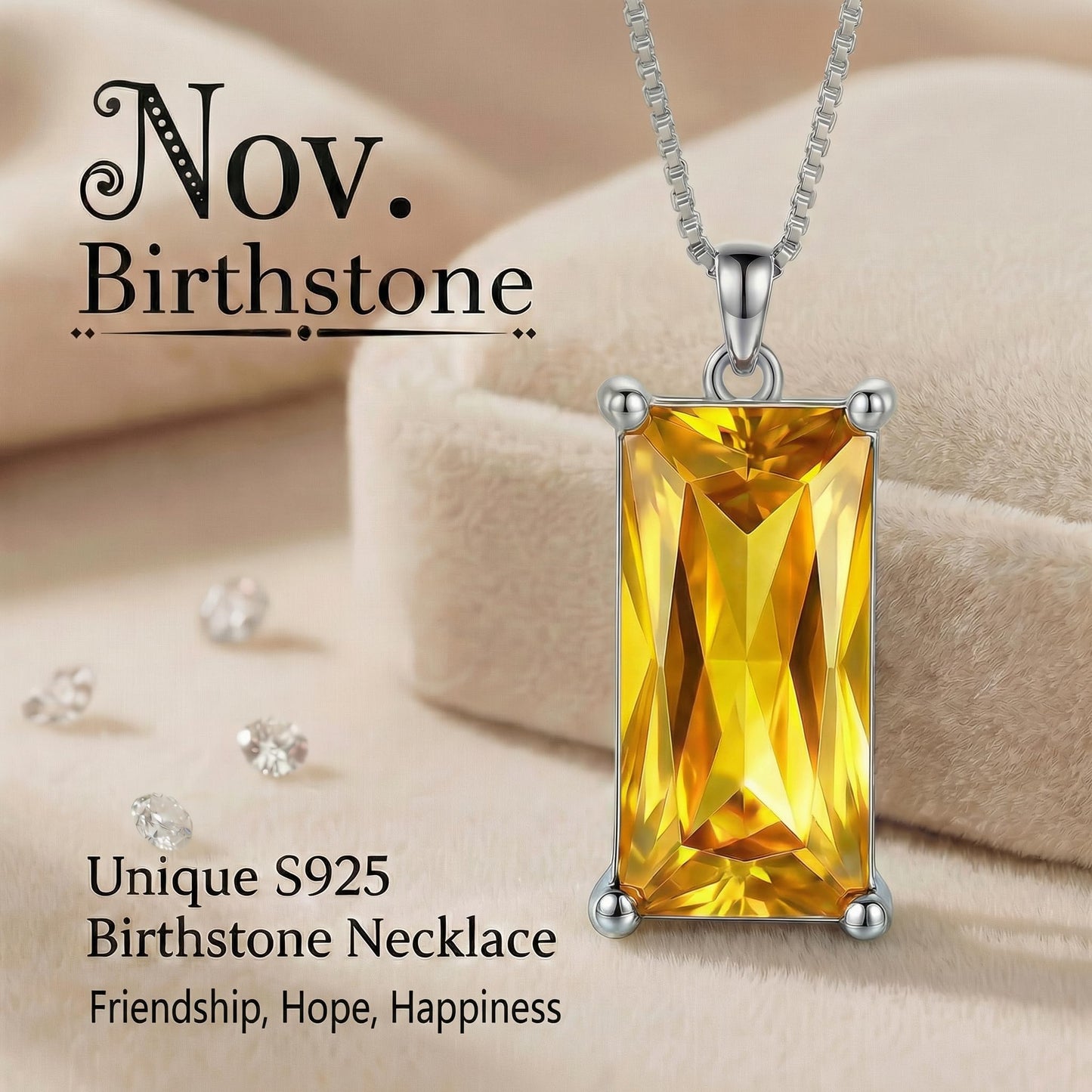 Kuschelkatze 8mm x 16mm Square November Birthstone Citrine Pendant Necklace – Fashion charming Sterling Silver Gift for women