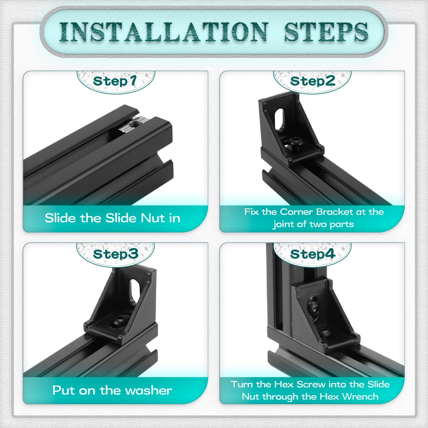 PETOX 24 Set Black 3030 Series Aluminum Extrusion Profile Connector, Includes 1pc Wrench, 24pcs 2835 Corner Bracket, 48pcs M6 T-Slot Sliding Nuts and Hex Screw Bolt for 20S Aluminum Rail Accessories