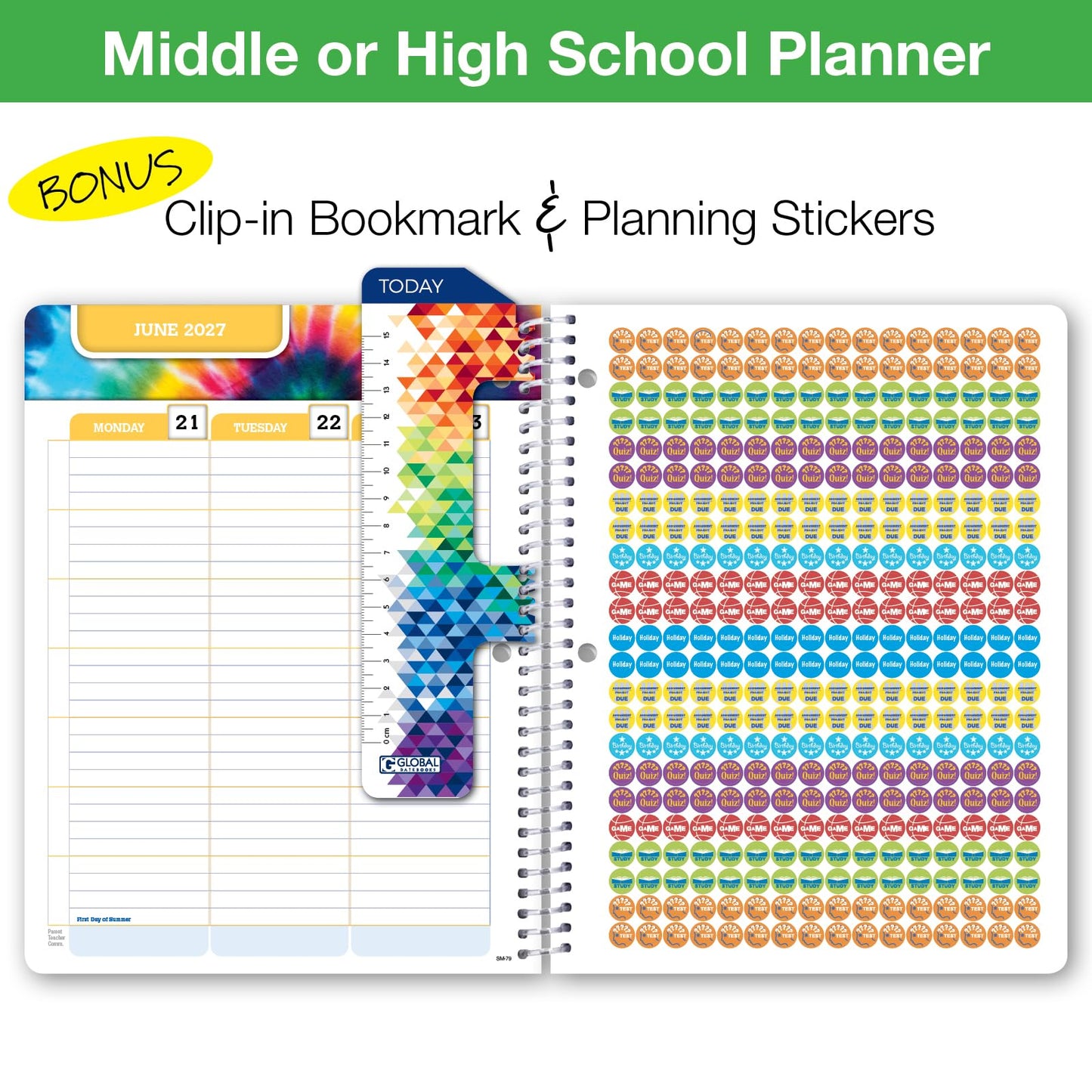 Global Datebooks 2026-2027 Middle & High School Student Planner 7" x 9" - Dated Weekly & Monthly Academic Planner w/Ruler/Bookmark & Stickers, Ideal for Homework, Matrix Style, Spectrum