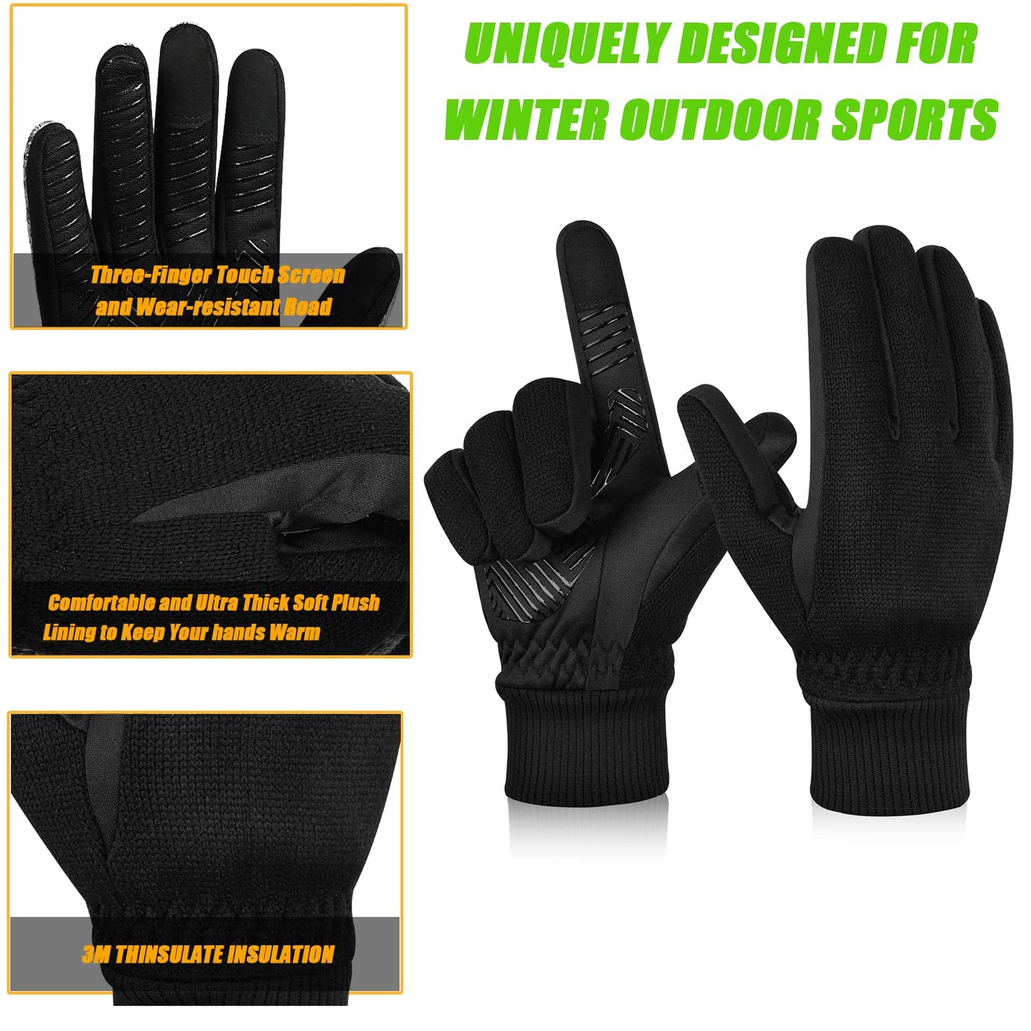 MOREOK Winter Gloves for Men/Women -10°F 3M Thinsulate Warm Touch Screen Snow Ski Bicycle Bike Gloves for Driving/Cycling/Running/Hiking-Black-L
