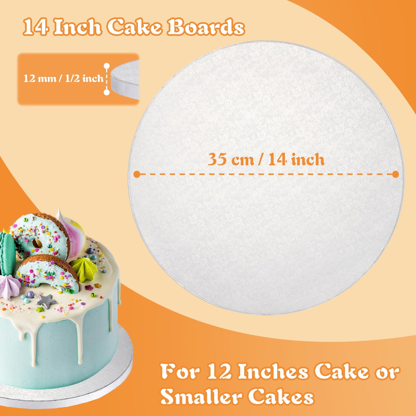 GoldenBakeryFamily 14 Inch Cake Drums,Smooth Edge Cake Board Round White(12-Pack) 1/2 Inch Thick,Sturdy Cake Boards for Birthday Wedding Heavy or Multi-Tiered Party Cakes