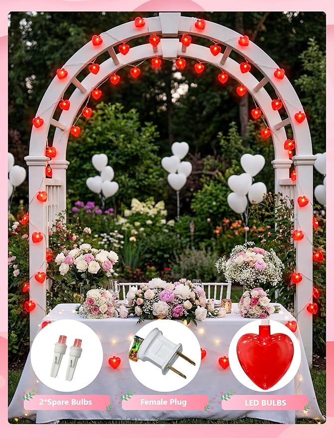 8.5Ft Valentine's Day Heart String Lights, Valentine Decorations Fairy String Lights with 10 Red Heart Lights, Connectable Love Heart Lights for Valentine's Day, Party, Wedding, Holiday Decorations