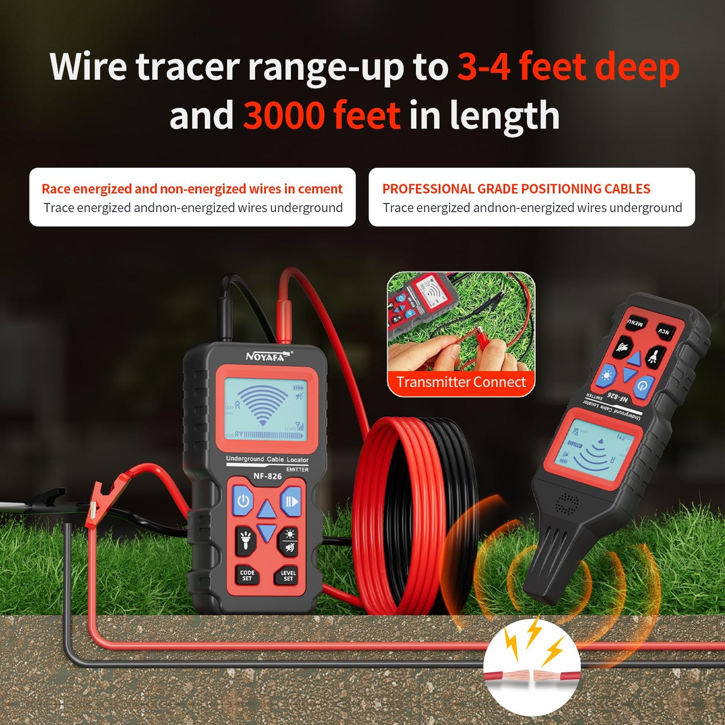 NOYAFA NF-826 Underground Cable Locator Wire Tracker, for Dog Fence Cables Irrigation, Wall and Underground Pipeline Wire Detector, Advanced Circuit Breaker Finder for Wall and Underground Cables