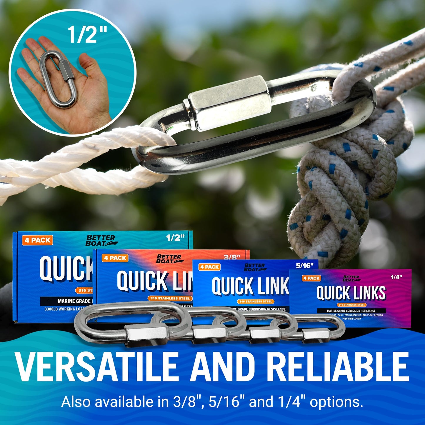 316 Stainless Steel Locking Chain Link, Threaded Quick Link Chain Connector Clips, Heavy Duty D Shape Quicklinks, 1/2", 3/8", 5/16", 1/4" Small Sizes, Marine Grade, 4 Pack Safety Links 1/2"