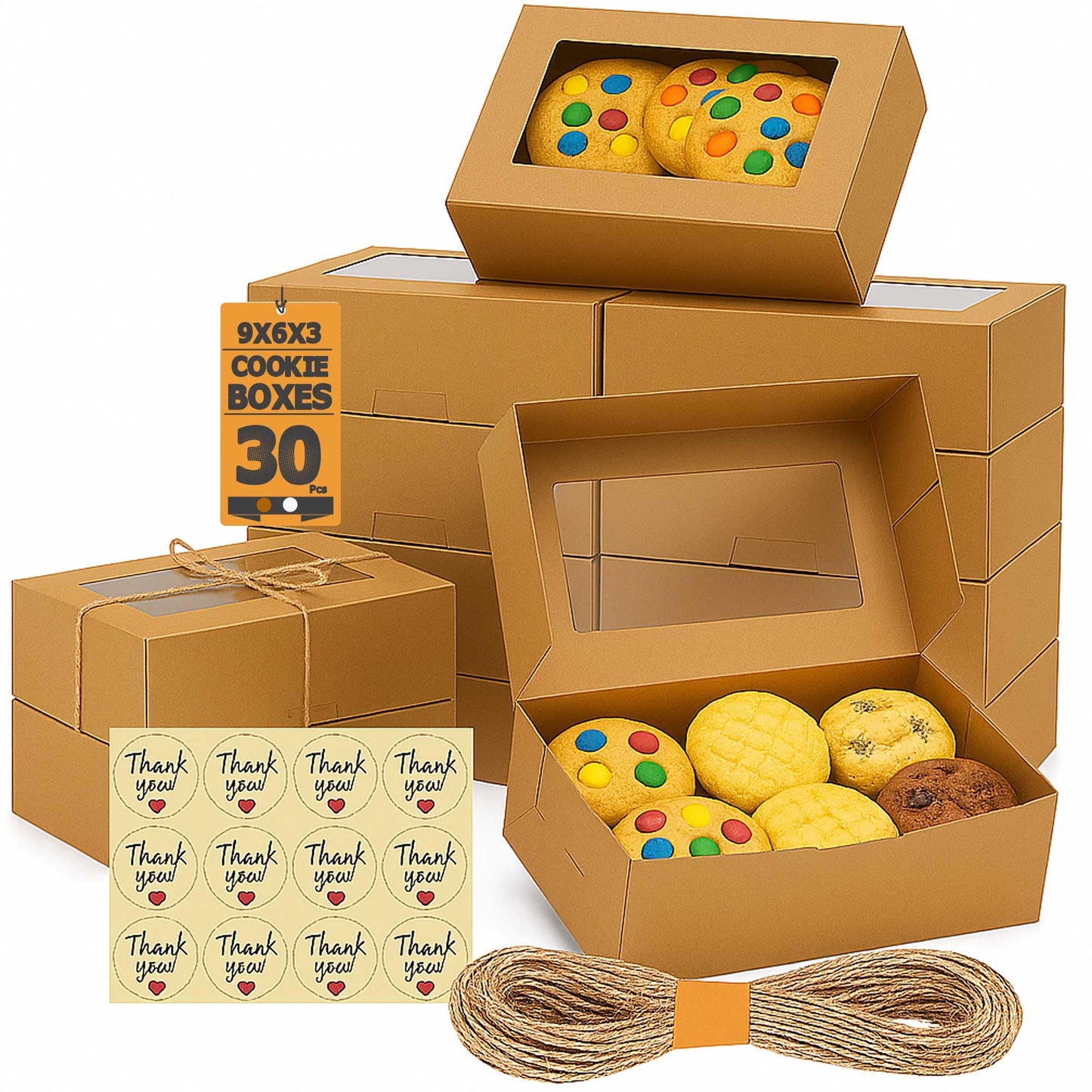 Leafiew 30 Pack Cookie Boxes with Window for Gift Giving – 9x6x3 Inches Bakery Boxes - Small Cookie Containers for Treats, Desserts, Strawberries, Cupcake, Pastry, Charcuterie, Baked Goods (Brown)