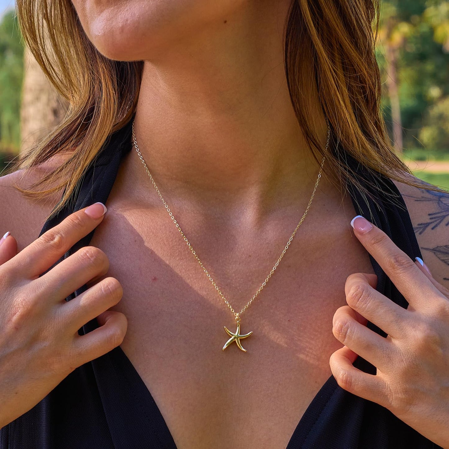 BSGRL Dainty Gold Necklace - 14K Gold Plated Starfish Sea Beach Necklace for Women High Polished 16.5"+2"