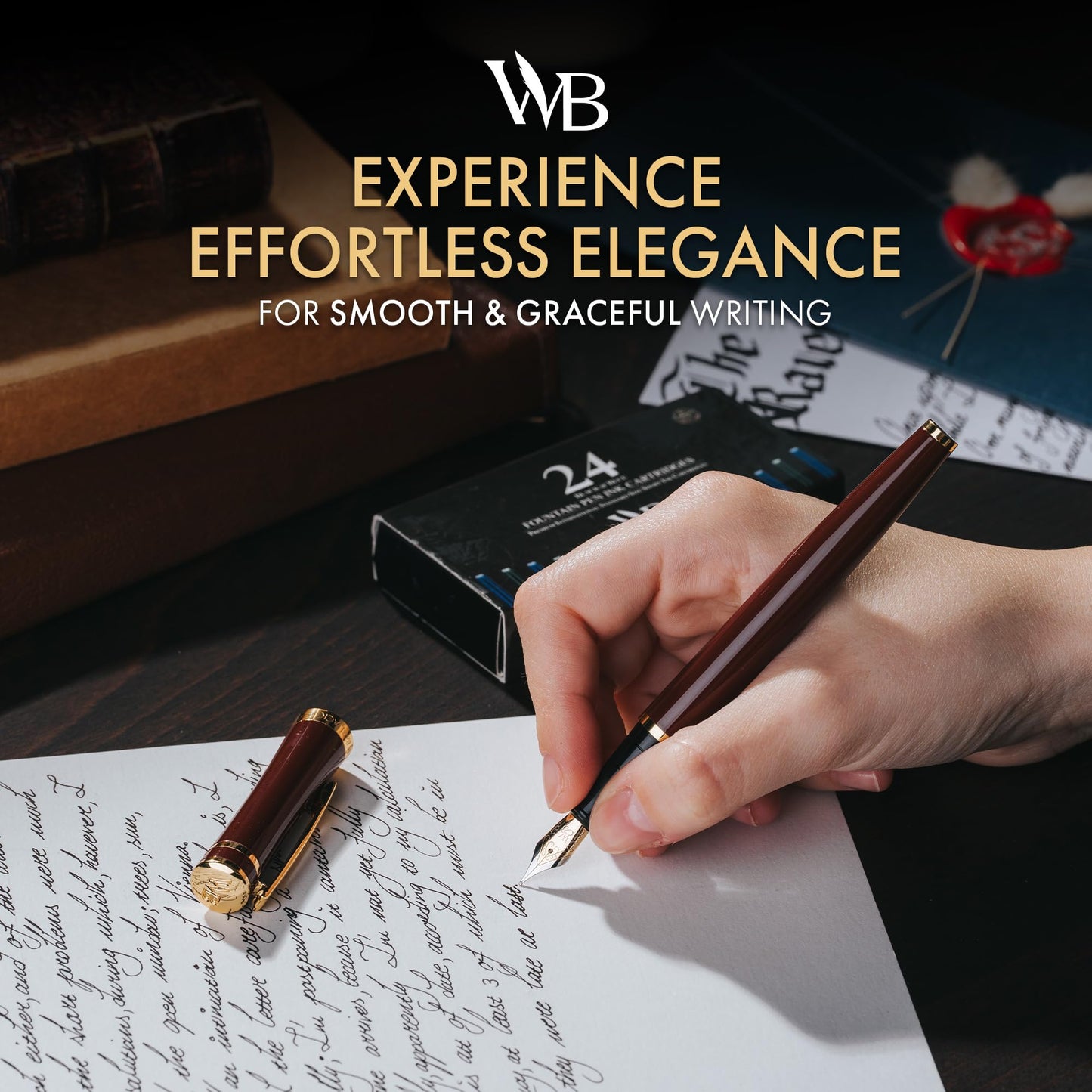 Wordsworth & Black Fountain Pen Kit, 18K Medium Gold Nib, Includes 24 Ink Cartridges, Ink Refill Converter and Gift Box, Gold Finish, Calligraphy, [Golden Brown]