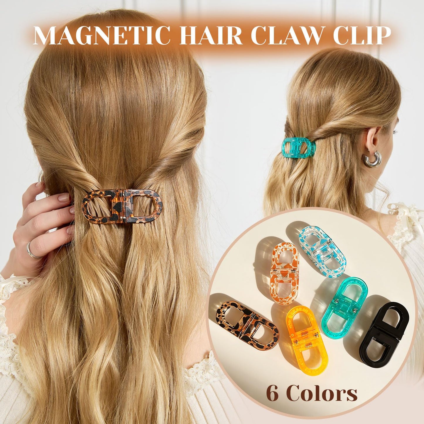 RCZETC Magnetic Hair Clips 2-Pack | Hair Clips for Styling & Thick Hair | Claw Clips & Barrettes for Women | Strong Hold Non-Slip No-Crease Hair Barrettes（Leopard Print + Black）