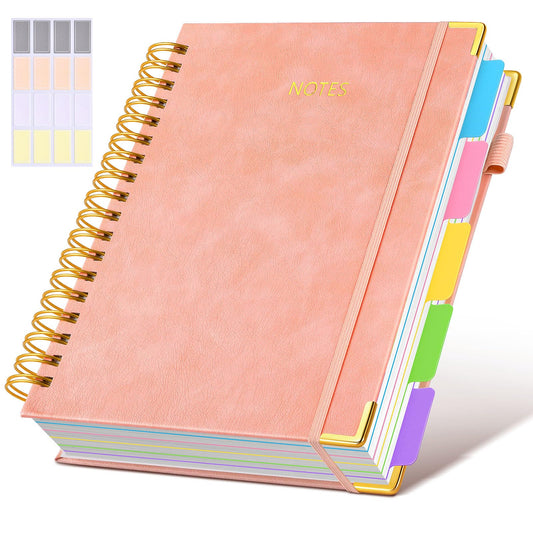 Hardcover Spiral Notebook Journal with Removable Dividers Tabs, 300 Pages Leather 5 Subject Notebook College Ruled, 8"x10" Large B5 Notebooks for Work School Note taking, Lined Journal for Women, Pink
