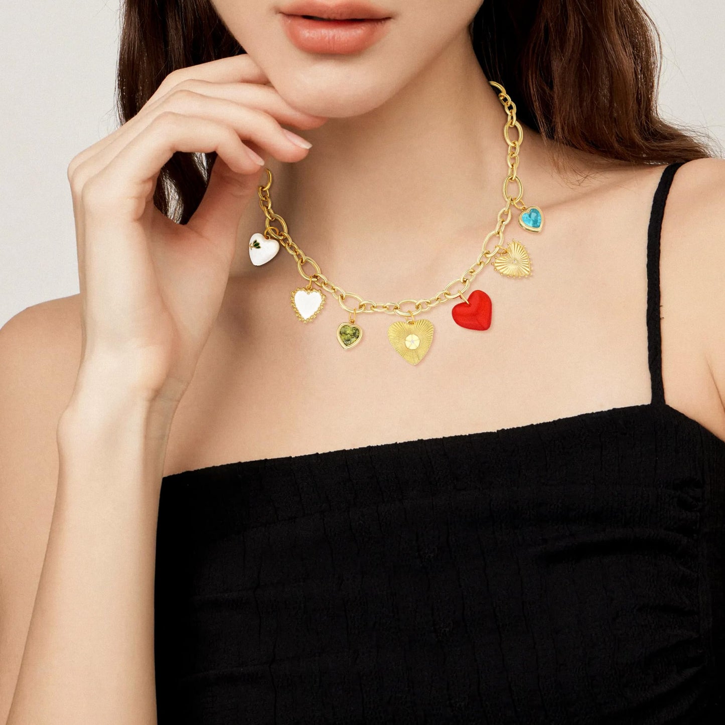 BONJOULRY Gold Heart Necklaces For Women With Different Charms Gold Charm Sun Red Heart Necklace Coin Charms DIY Choker Necklace Fashion Jewelry Gift