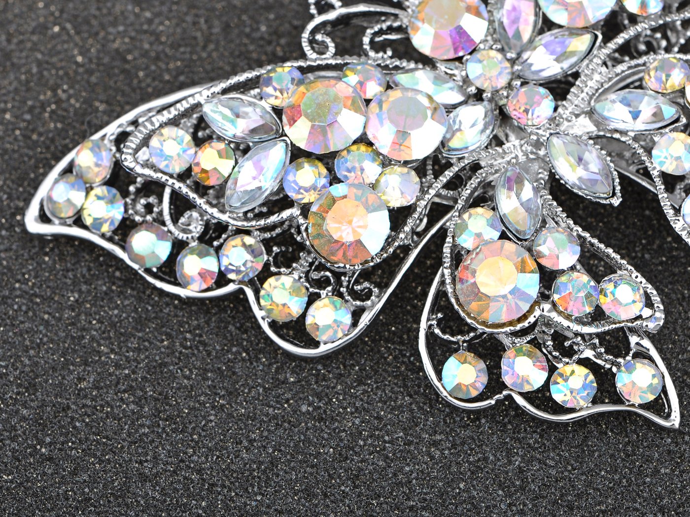Alilang Silvery Tone Crystal Rhinestone Hollow Out Butterfly Brooch Pin, Aurora Borealis
