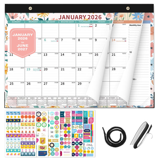 Ospelelf 2026-2027 Calendar Magnetic Desk Wall Desktop Monthly Planner from January 2026 - June 2027 Large To Do Pad with Plastic Cover for Office 17" X 12" Ditsy Floral