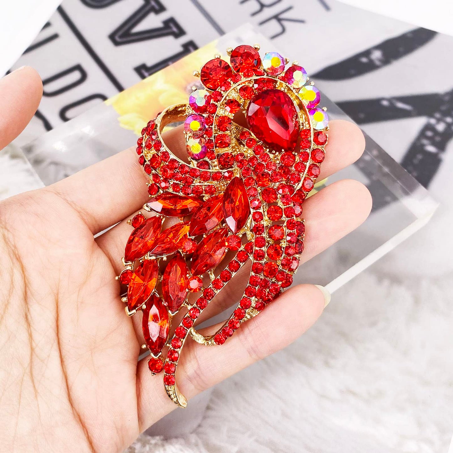 LAXPICOL Women's Vintage Red Austrian Crystal Elegant Flower Bouquet Wing Brooch Gold Tone