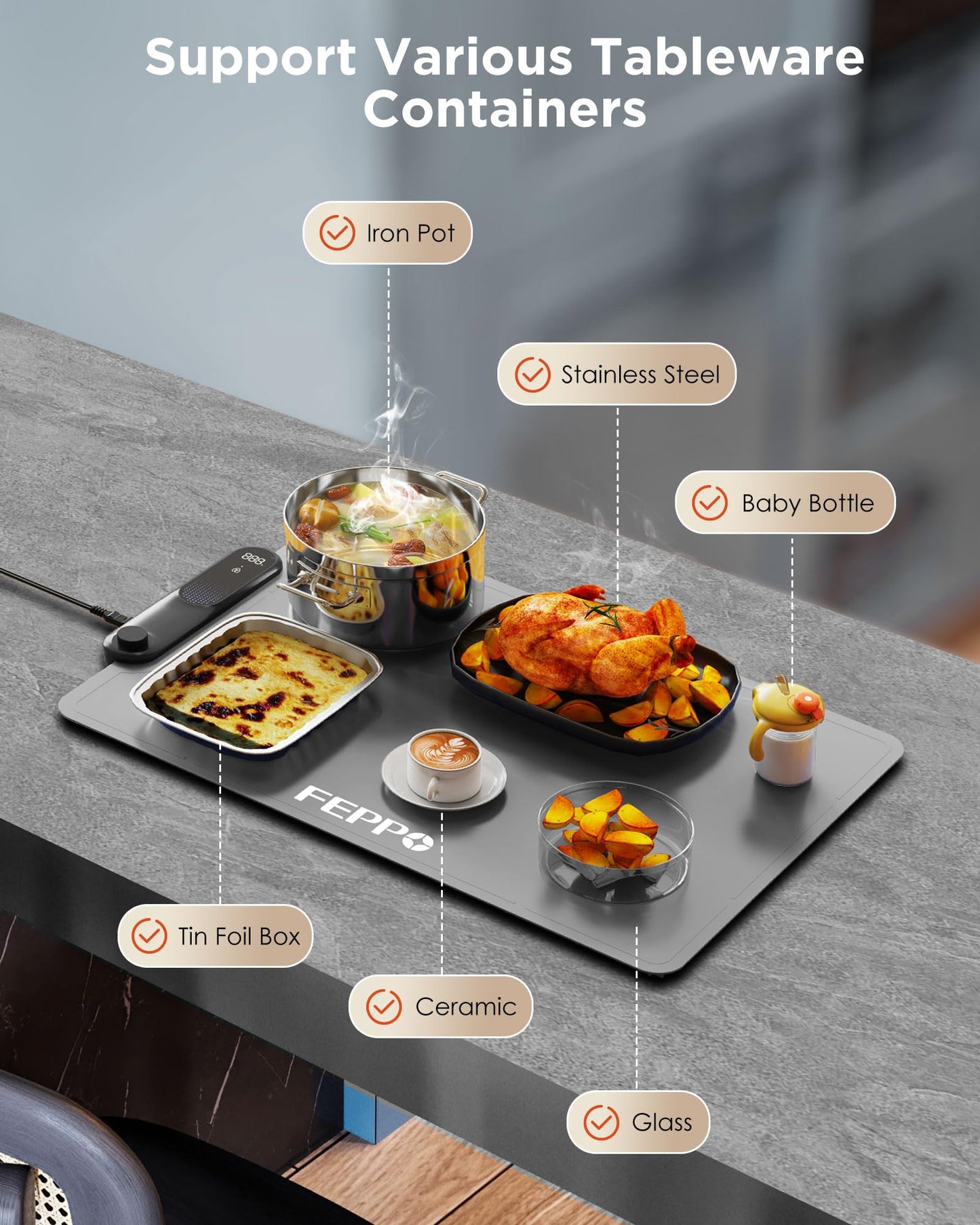 FEPPO Food Warming Mat, Electric Warming Trays for Buffets Party, Fast Full-Surface Heating Mat for Food with 19 Level Adjustable Temperature and 6 Hours Timer, Roll Up Food Warmer