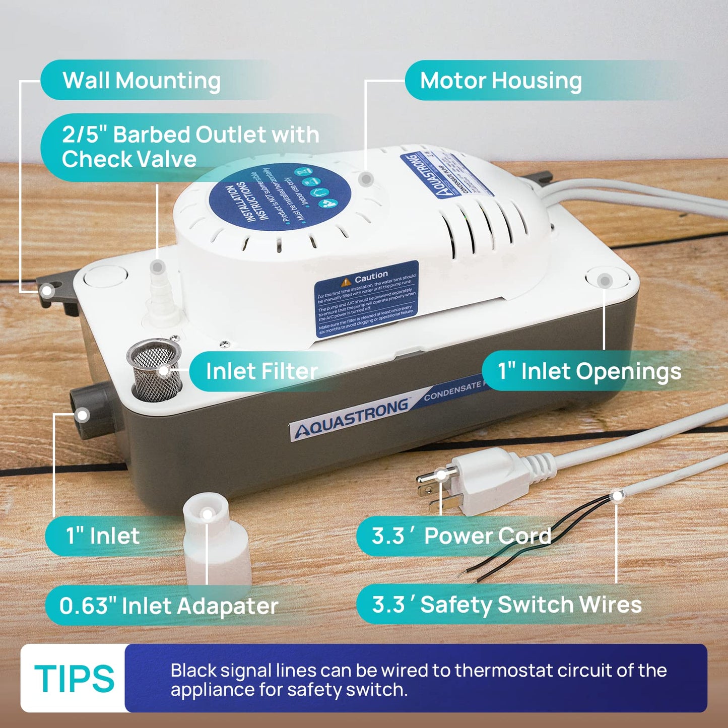 Aquastrong Automatic Condensate Pump for Hvac, 115V/230V Condensation Pump with Safety Switch, Ac Condensate for dehumidifier, Air Conditioner, Ice Maker, 3.3' Power Cord, Grey