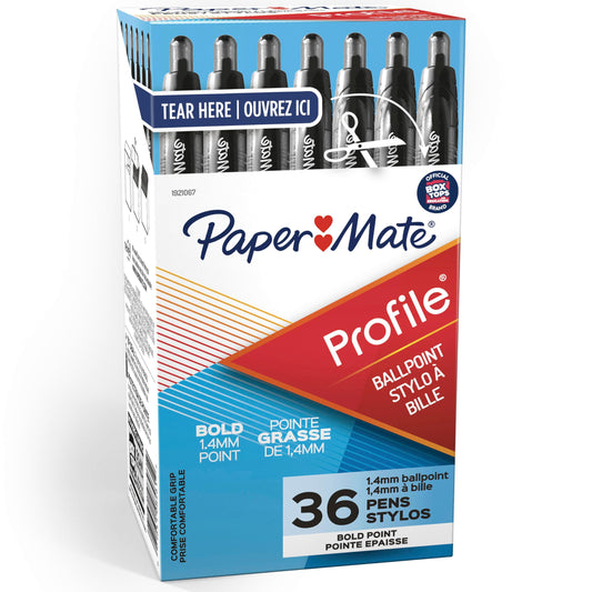 Paper Mate Profile Retractable Ballpoint Pens, Bold Point (1.4mm), Black, 36 Count - Office Supplies, Comfortable Grip, Everyday Writing