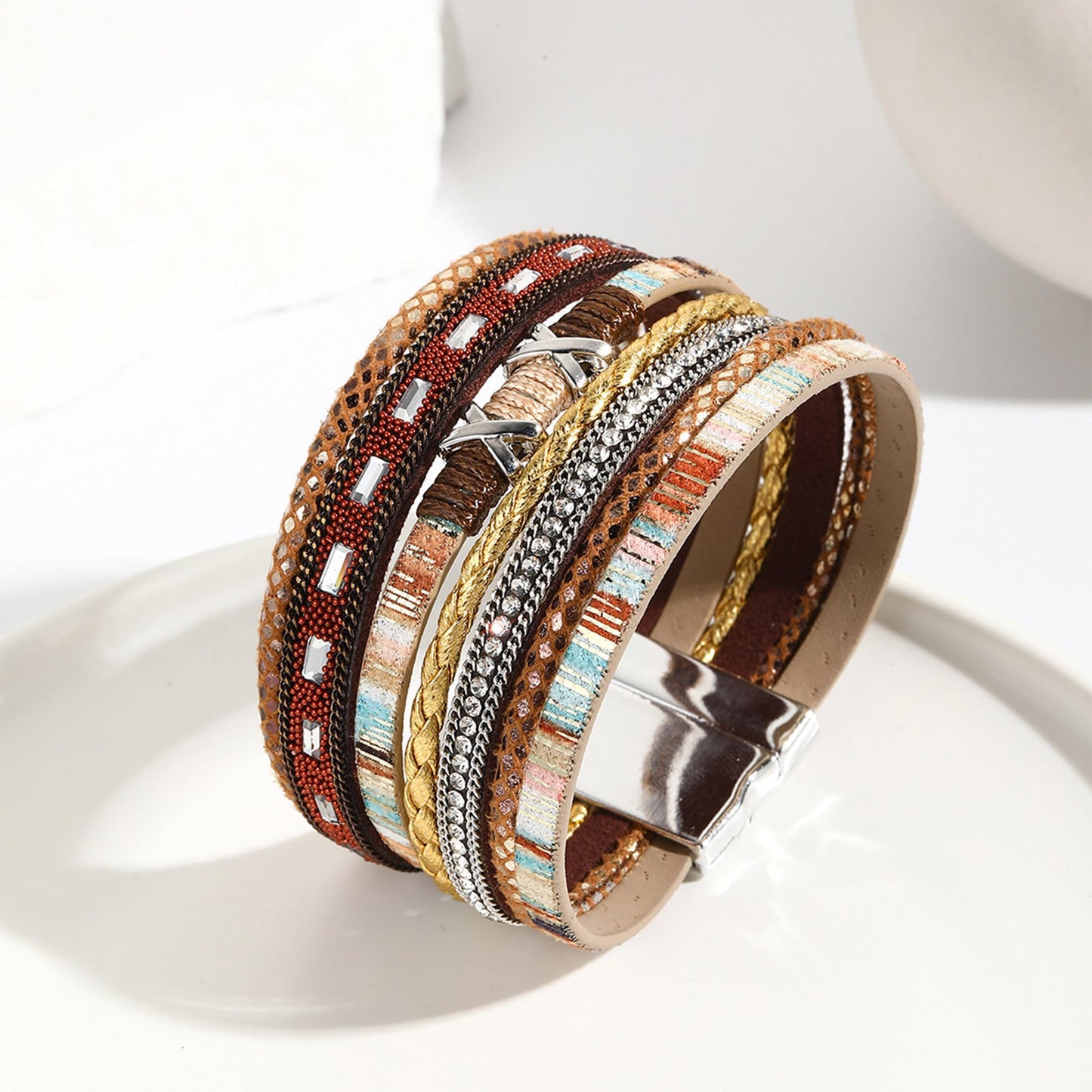 VIBILIA Boho Leather Wrap Bracelets for Women Trendy Layered Multi-Layer Boho Bracelets with Strong Clasp Jewelry for Women-Brown