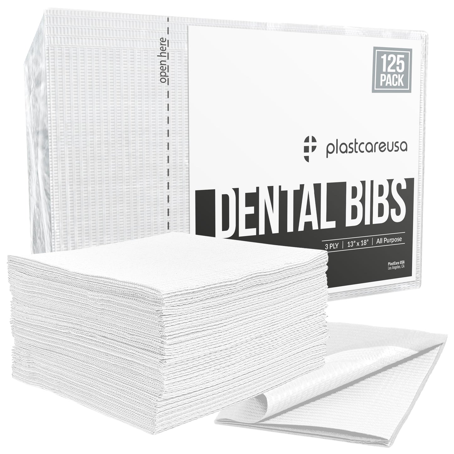 PlastCare USA Disposable Dental Bibs 13"x18" (125 Pack) - 3 Ply Waterproof Tattoo Bib Sheet for Patients - Dentist or Medical Tray Covers and Nail Table Cover Supplies, White