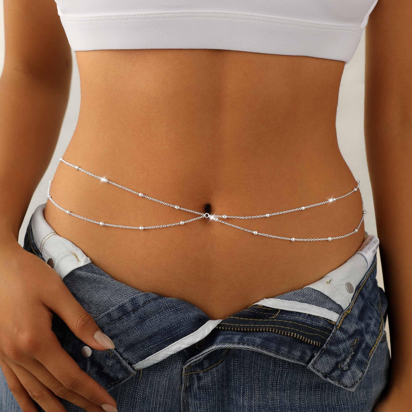 JIKASI Silver Plated Waist Chain for Women Dainty Layered Belly Chain Beaded Body Chain Belt Set Waterproof Summer Beach Bikini Jewelry Accessories Adjustable Waist Beads Gift