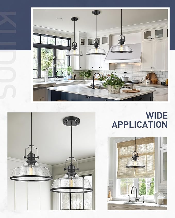 kudos 2 Pack Pendant Lights Kitchen Island, 11" Black Kitchen Island Lighting with Seeded Glass Shade, Farmhouse Large Hanging Light Fixture for Kitchen Sink Dining Room, KDPL13-BK-S-2PK