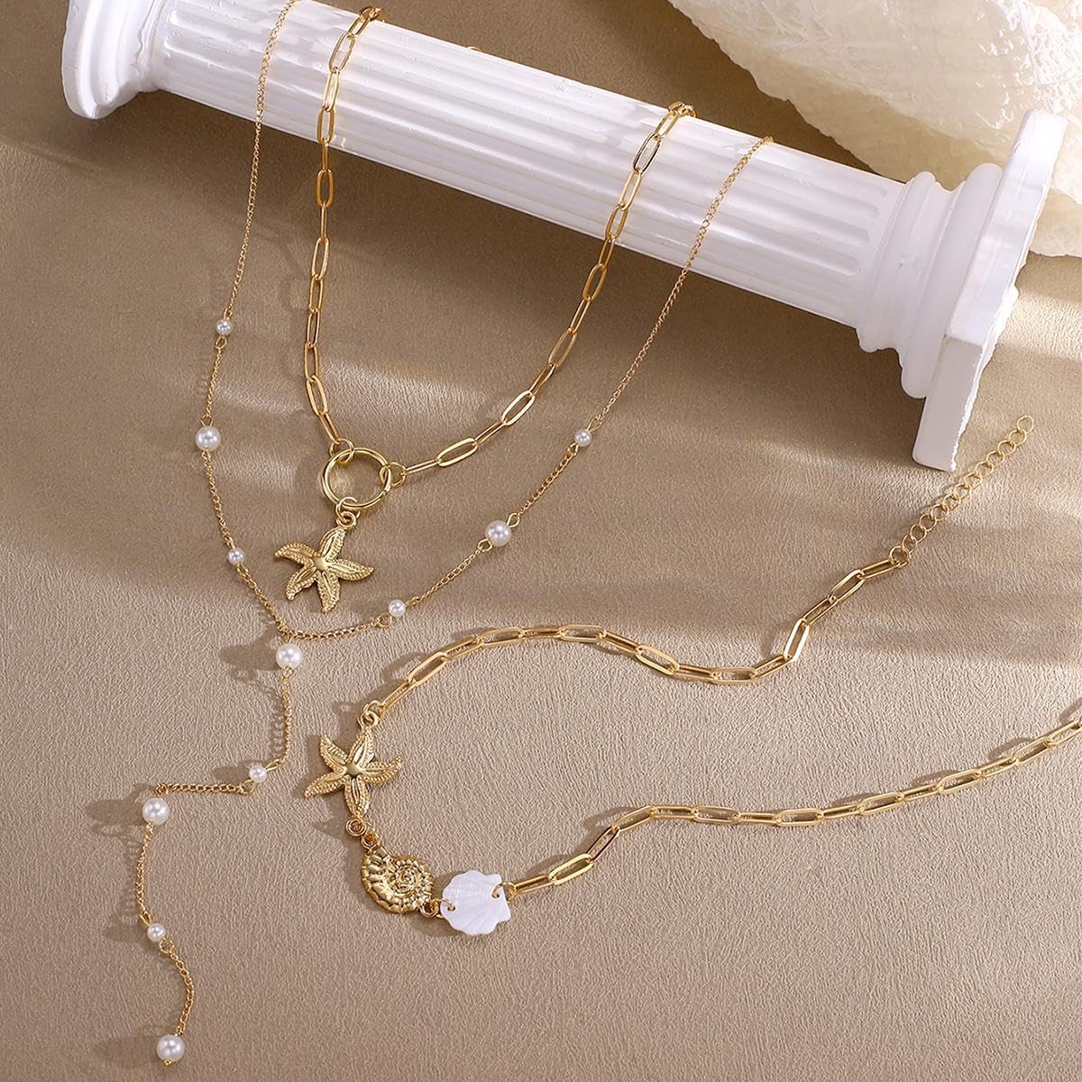 Gold Shell Starfish Necklace for Women Layered Pearl Conch Pendant Necklace Dainty Summer Beach Vacation Boho Jewelry (Gold 3pcs)