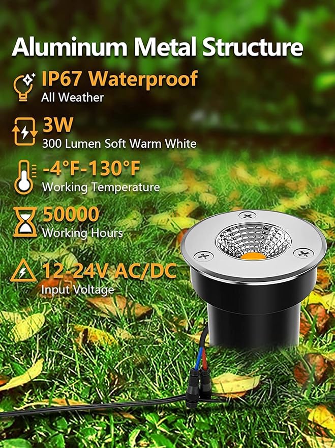 ZUCKEO Low Voltage Landscape Lights Well Lights Landscape LED in Ground Light IP67 Waterproof Outdoor Landscape Lighting Wired Floor Pathway Deck Step Garden with Connectors (20Pack Warm White)