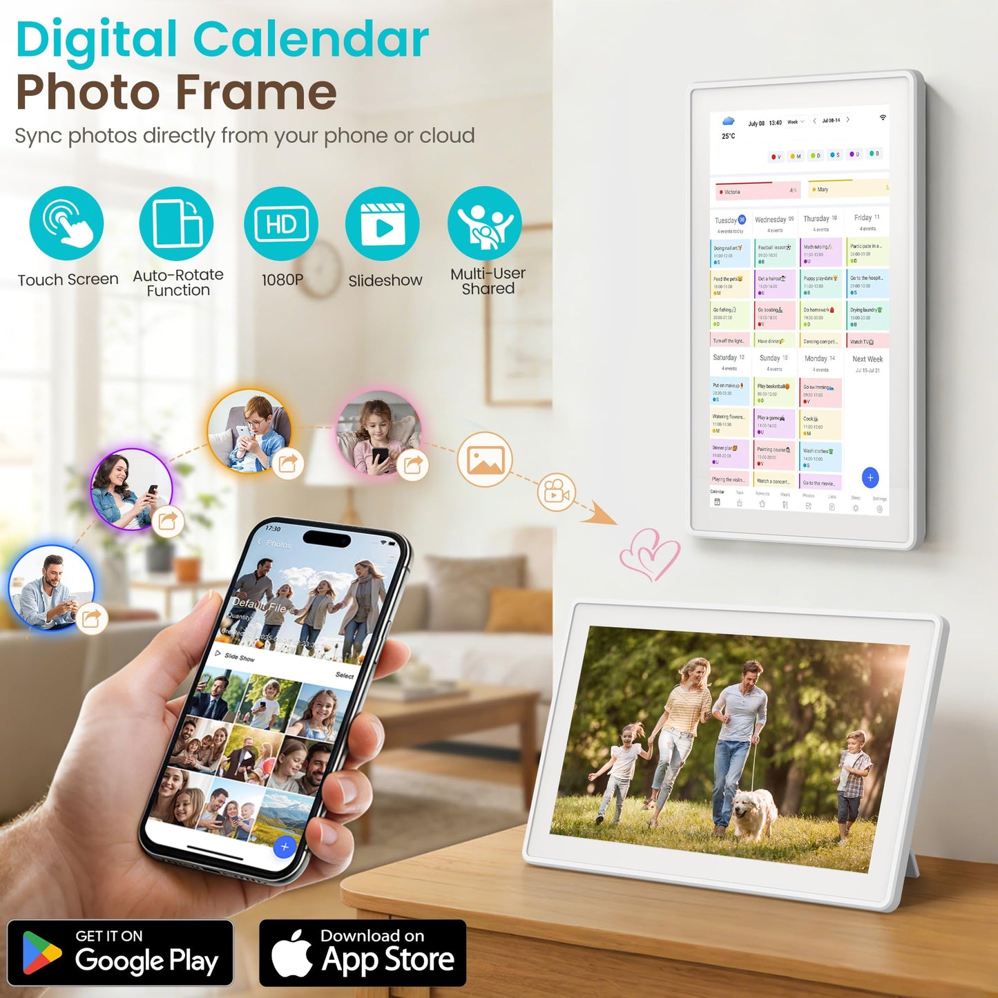 TASKLENDAR 15.6’’ Digital Calendar Frame Wall Touchscreen Electronic Calendar, Smart Family Planner for Schedule, Chore Chart & Meals Task Organizer, Digital Photo Display, Wall & Desk Mountable, White