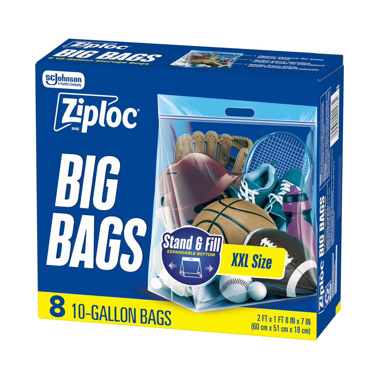 Ziploc Big Bags 10 Gallon XXL, Reusable Large-Capacity Plastic Storage Bags, 8 count