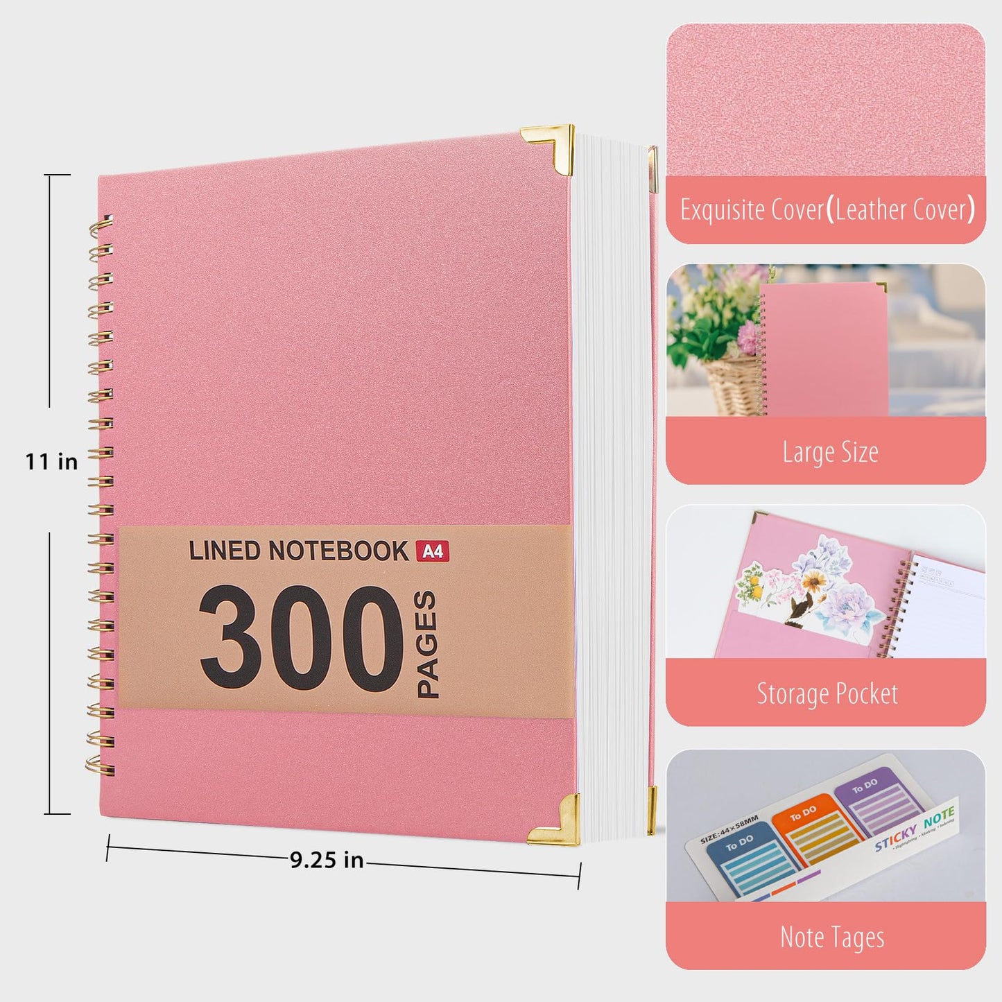 Kutoda Lined Spiral Notebooks for Work, 300 Pages Leather 8.5 * 11 College Ruled journals for Writing, Hardcover Notebooks for Note Taking, Perfect for Office Home School Supplies(Pink)