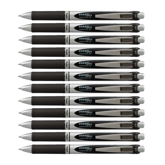 Pentel EnerGel RTX Retractable Liquid Gel Pen, (0.7mm) Medium Line, Metal Tip, Black Ink, Box of 12 (BL77-A)