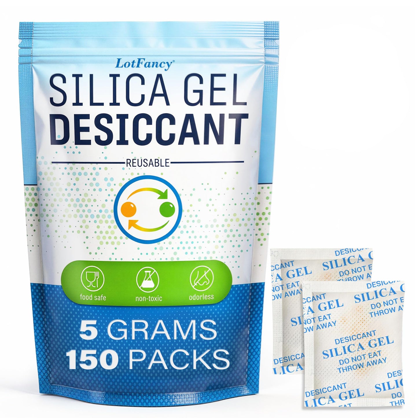 Silica Gel Packets 5 Gram 150 Pack, Color-Indicating Rechargeable Desiccant Packs Moisture Absorber for Food Storage, Electronics, Camera Lens, Toolboxes, 3D Printer Filament & Safes