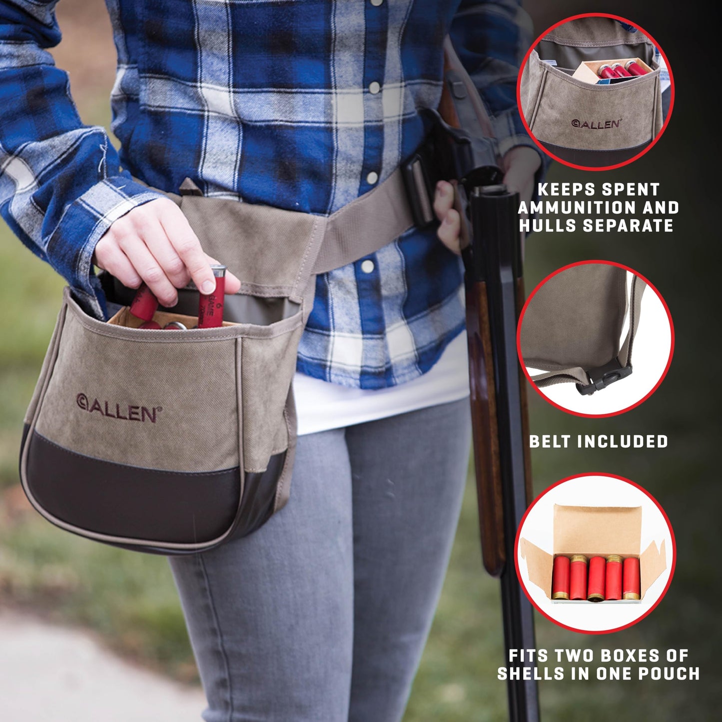 Allen Company Shotgun Shell Pouch with Belt - Clay Trap Skeet Shooting Bag, 2 Box Capacity Shell Holder for Hunting Range Practice - Tan