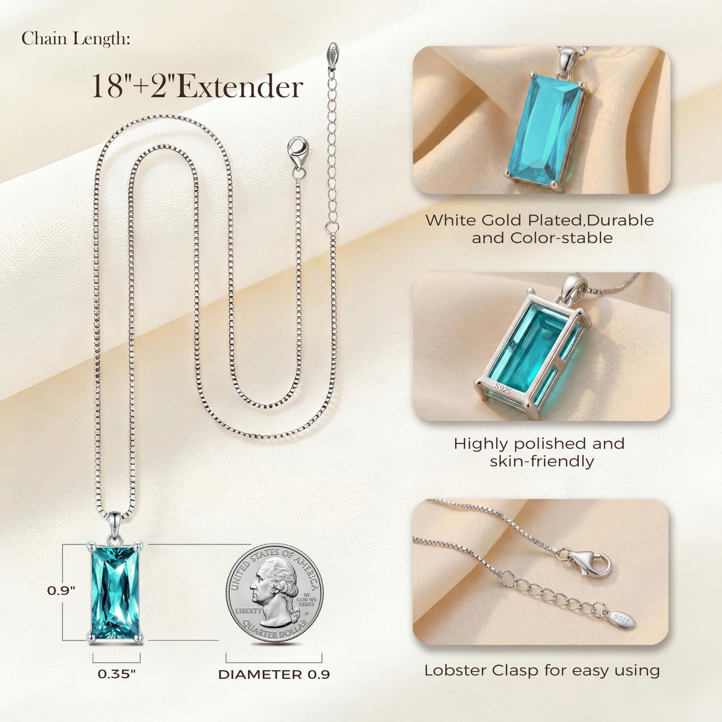 Kuschelkatze 8mm x 16mm Square March Birthstone Aquamarine Pendant Necklace – Fashion charming Sterling Silver Gift for women