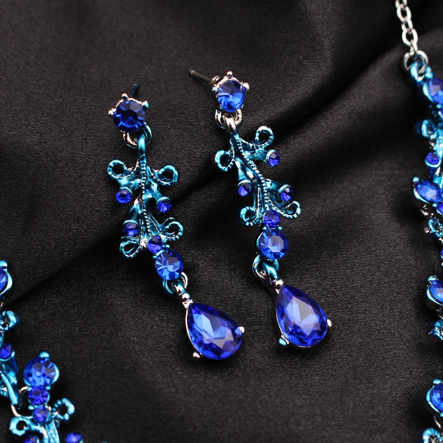 3Pcs Austrian Crystal Jewelry Set for Women, Necklace Dangle Earrings Link Bracelet Jewelry Set with Gold/Platinum/Gun Plated, Wedding Party Jewelry for Bridal Bridesmaid (Deep Blue-Platinum Plated)